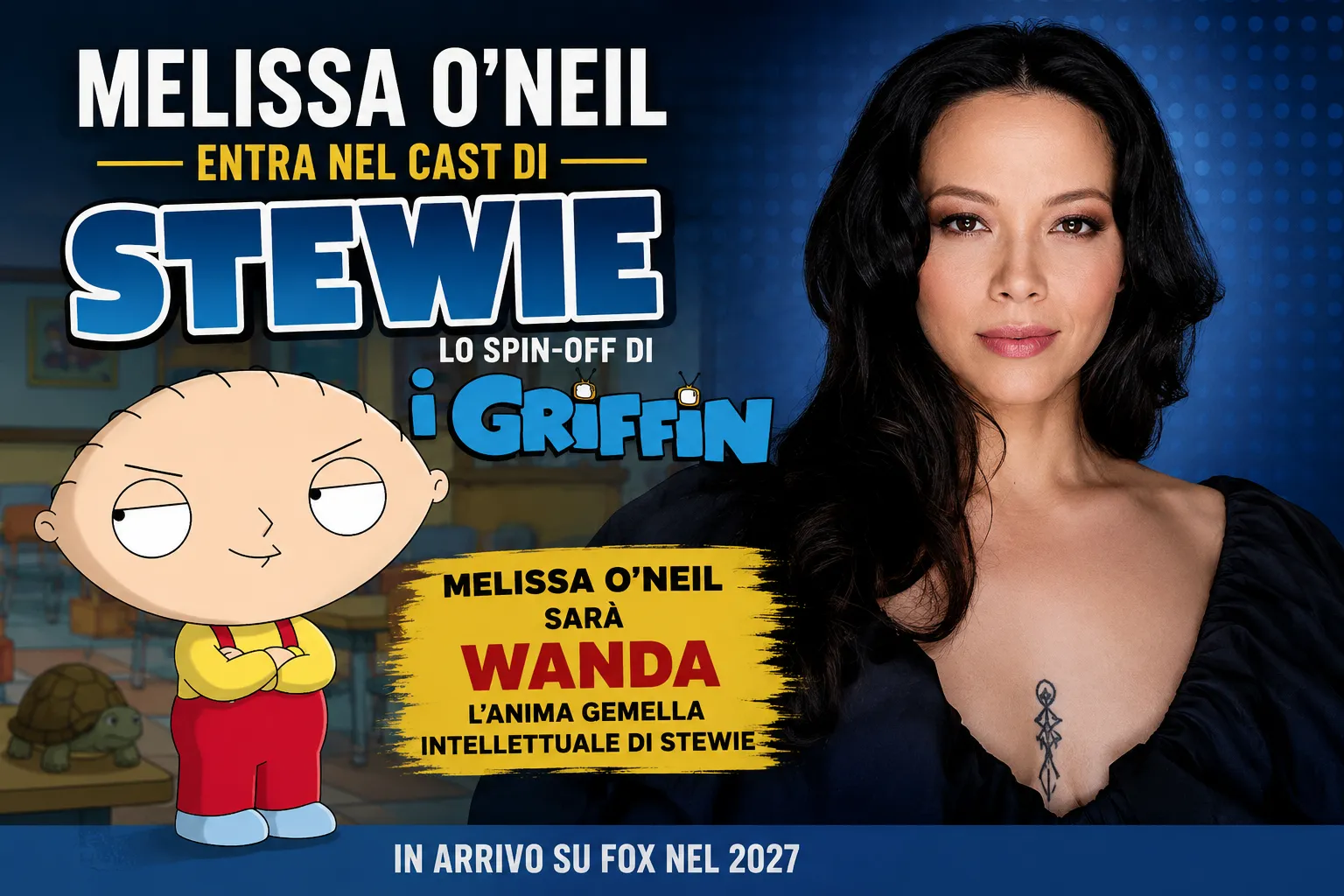 Melissa O'Neil, attrice di The Rookie, insieme a Stewie Griffin nella grafica dedicata al suo ingresso nel cast dello spin-off de I Griffin.